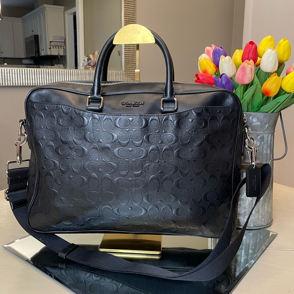 Coach Black Embossed Signature Leather Laptop Bag